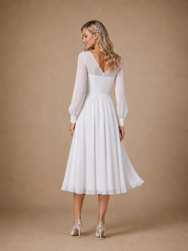 ChicSew Elegant A-line Long Sleeves V-Neck Chiffon Tulle Ruched Midi Wedding Dresses