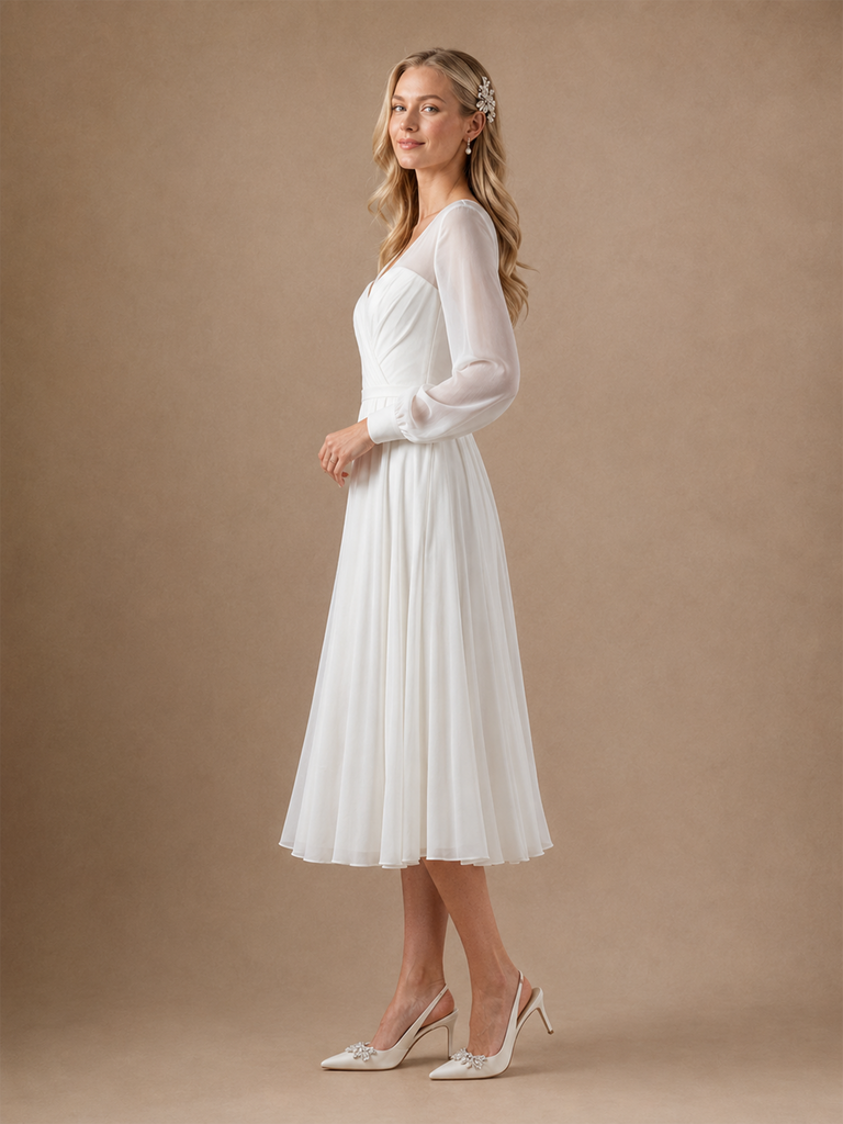 ChicSew Elegant A-line Long Sleeves V-Neck Chiffon Tulle Ruched Midi Wedding Dresses