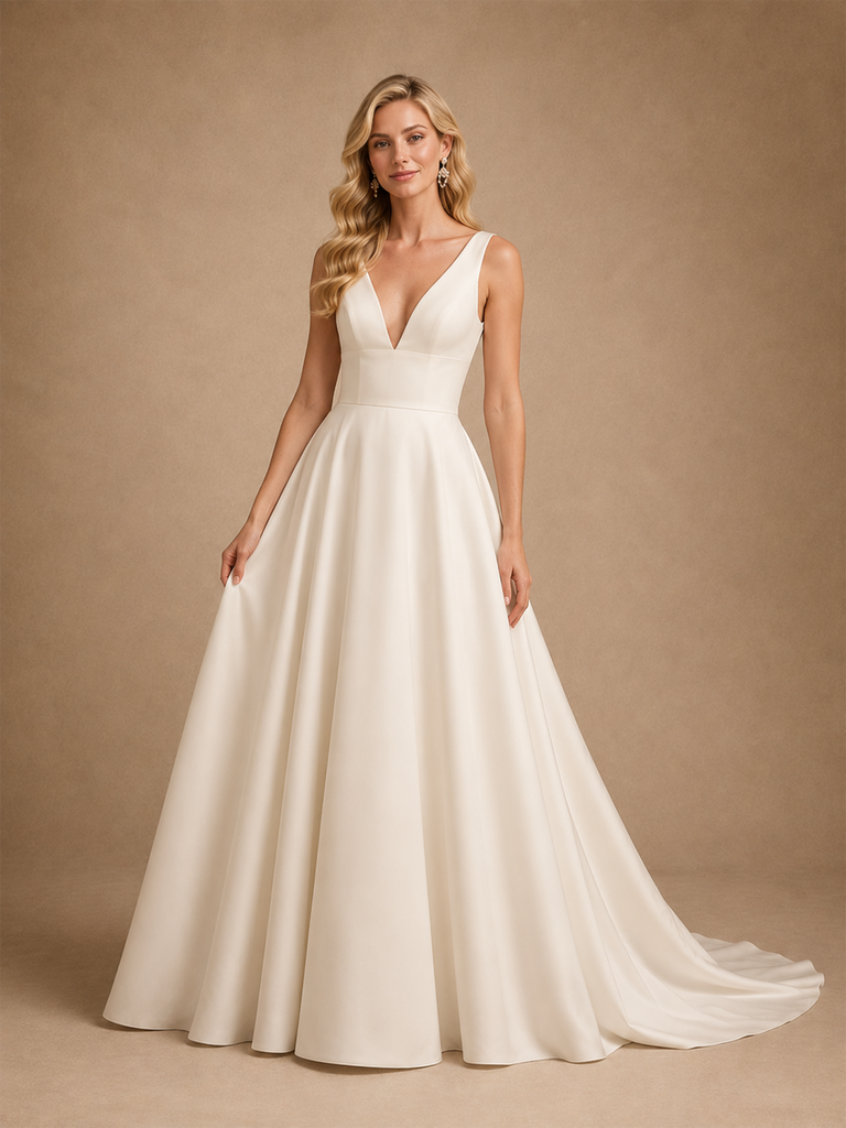 ChicSew Sexy V-Neck A-Line Sleeveless Satin Long Wedding Dresses Online