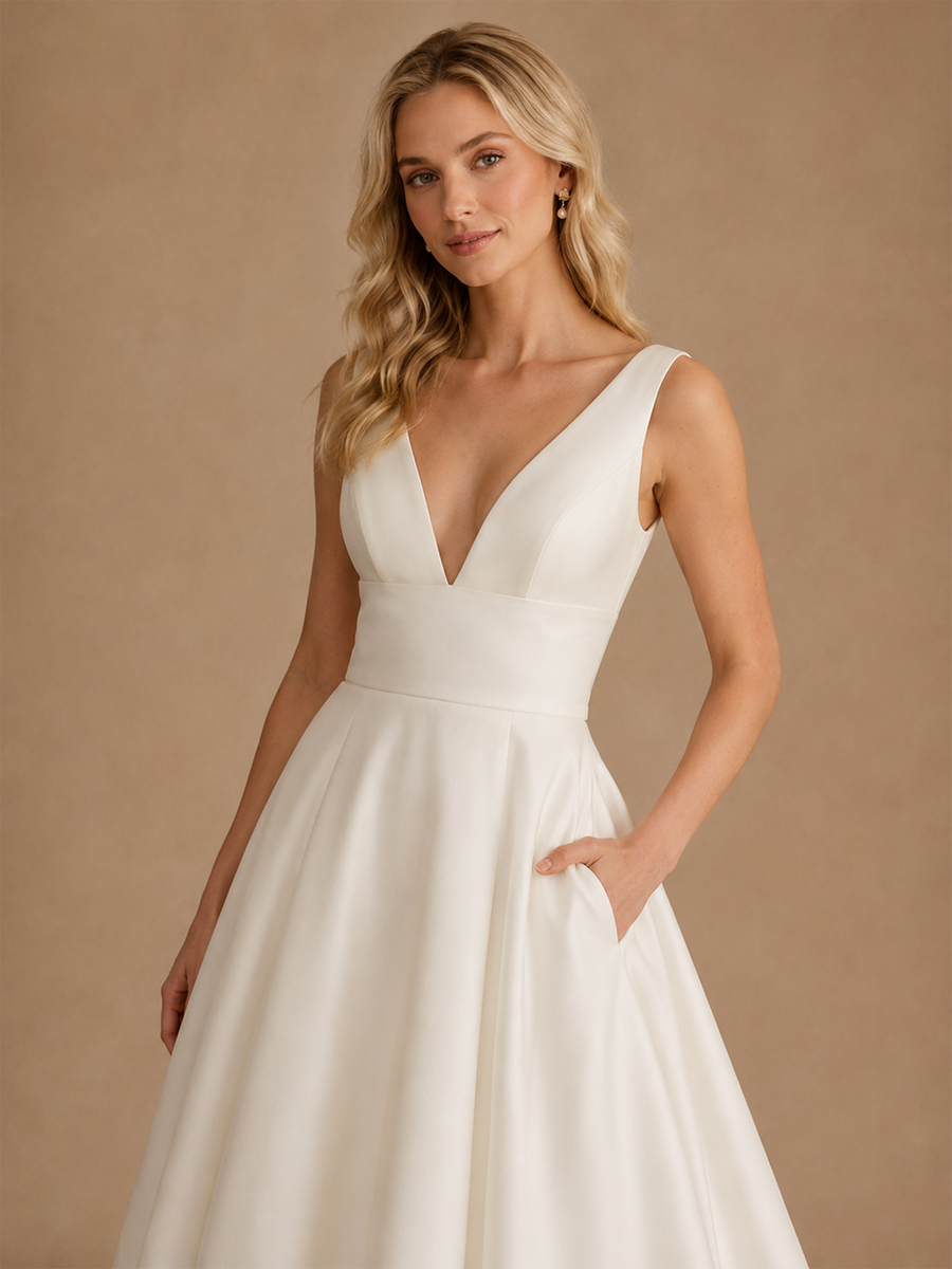 ChicSew Sexy V-Neck A-Line Sleeveless Satin Long Wedding Dresses Online
