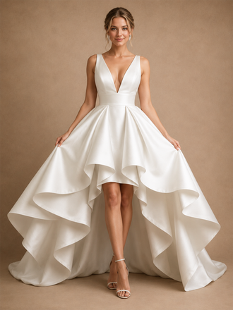 ChicSew Unique Deep V-Neck Satin A-Line Ruffle High-Low Wedding Dresses