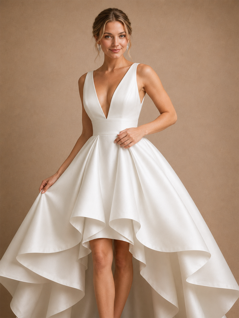 ChicSew Unique Deep V-Neck Satin A-Line Ruffle High-Low Wedding Dresses