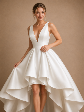 ChicSew Unique Deep V-Neck Satin A-Line Ruffle High-Low Wedding Dresses