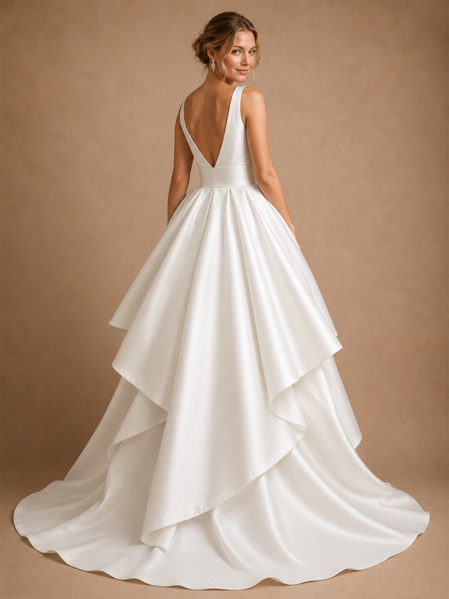 ChicSew Unique Deep V-Neck Satin A-Line Ruffle High-Low Wedding Dresses