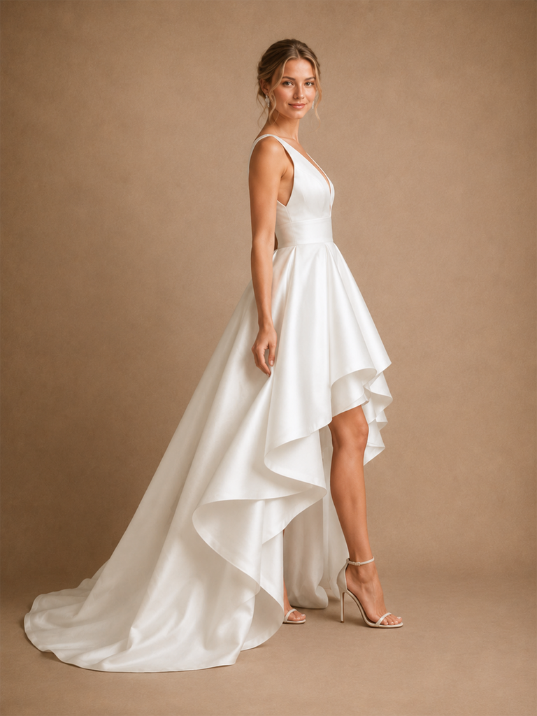 ChicSew Unique Deep V-Neck Satin A-Line Ruffle High-Low Wedding Dresses
