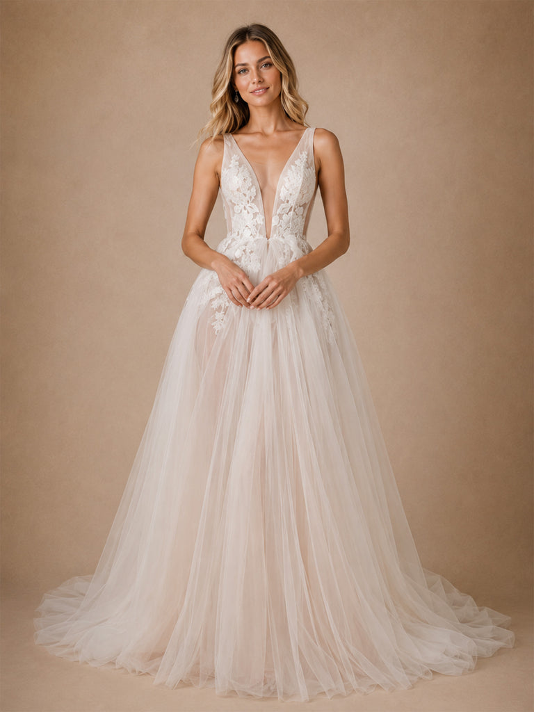 ChicSew Glamorous Sexy Deep V-Neck A-Line Lace Tulle Maxi Long Wedding Dresses