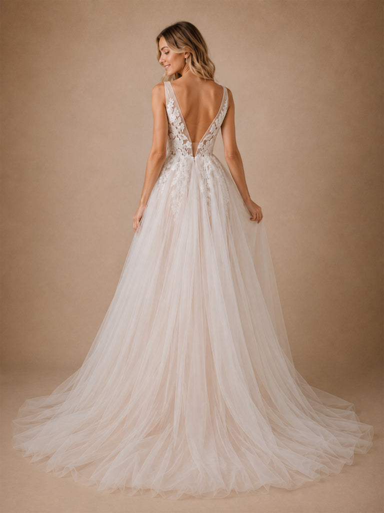 ChicSew Glamorous Sexy Deep V-Neck A-Line Lace Tulle Maxi Long Wedding Dresses