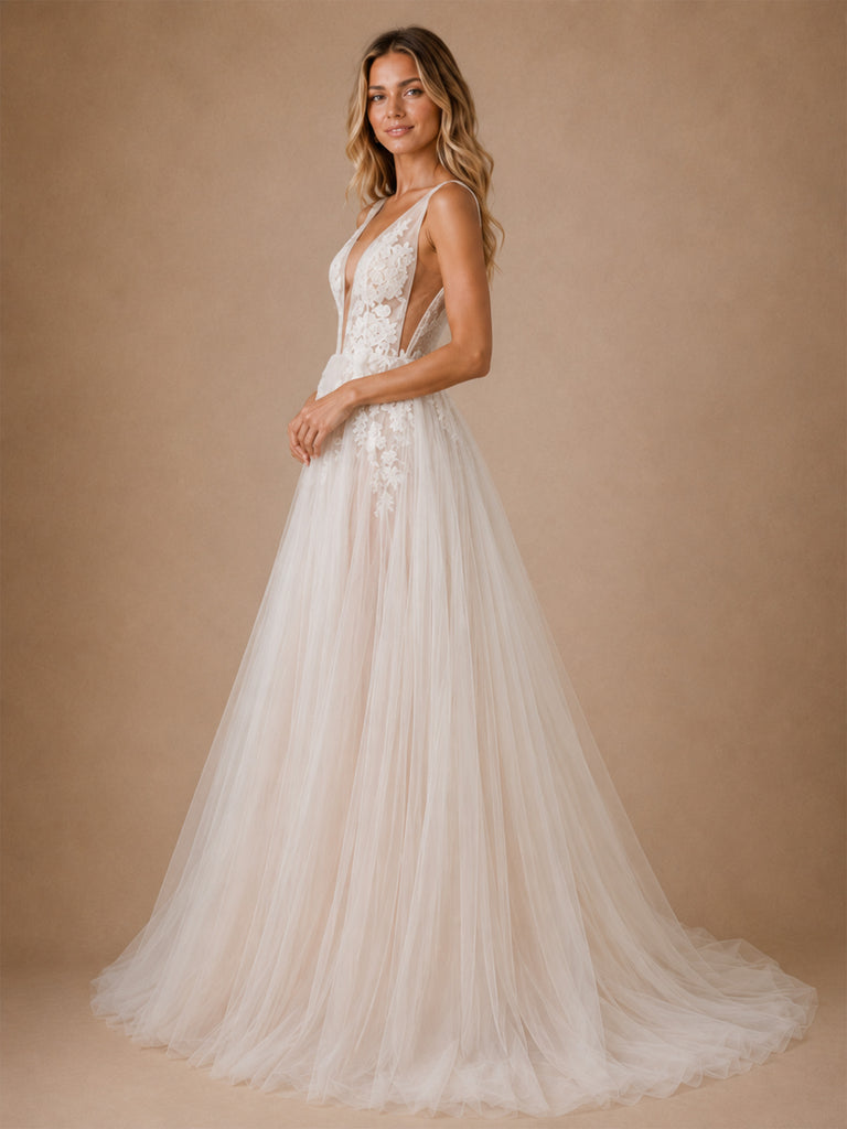 ChicSew Glamorous Sexy Deep V-Neck A-Line Lace Tulle Maxi Long Wedding Dresses