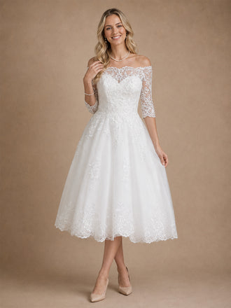 ChicSew Pretty Off The Shoulder A-Line Lace Appliques Tulle Half Sleeves Midi Wedding Dresses