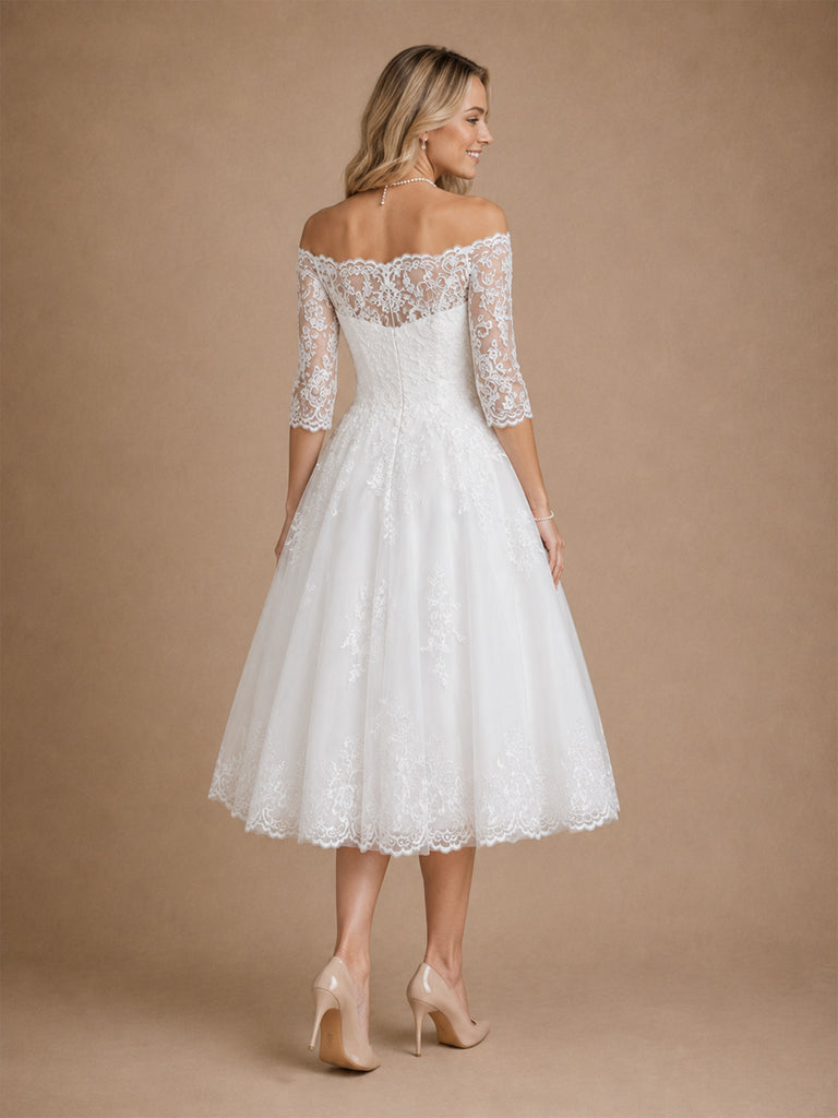 ChicSew Pretty Off The Shoulder A-Line Lace Appliques Tulle Half Sleeves Midi Wedding Dresses