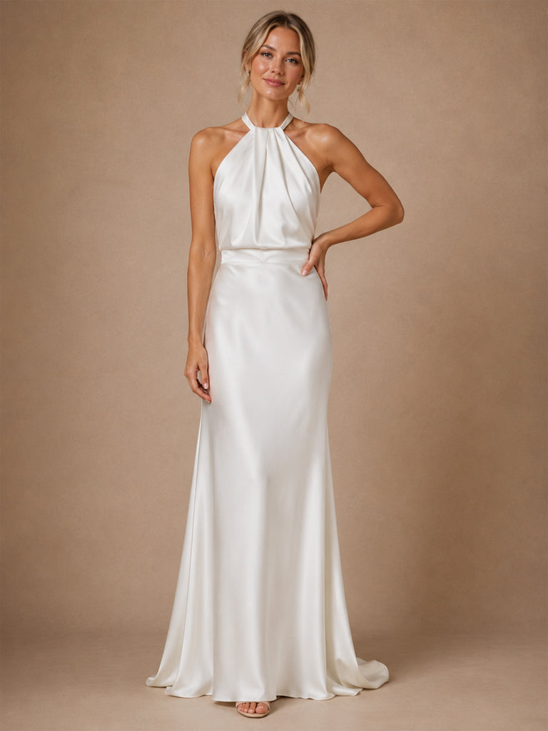ChicSew Classy Halter Satin Sheath Floor-Length Wedding Dress With Open Back