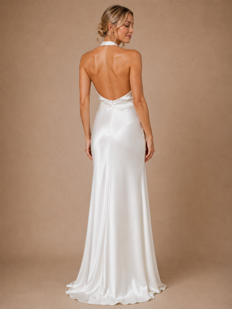 ChicSew Classy Halter Satin Sheath Floor-Length Wedding Dress With Open Back