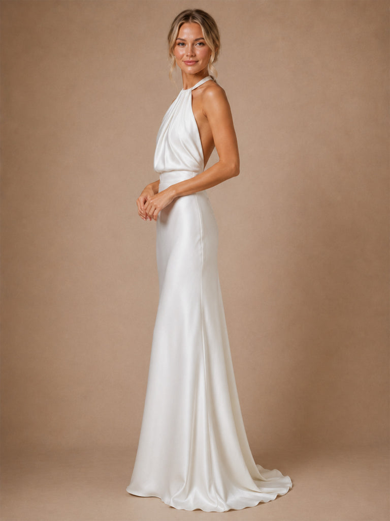 ChicSew Classy Halter Satin Sheath Floor-Length Wedding Dress With Open Back
