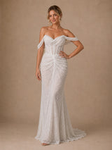 ChicSew Glamorous Mermaid Glittler Tulle Off The Shoulder Boning Ruched Long Wedding Dress