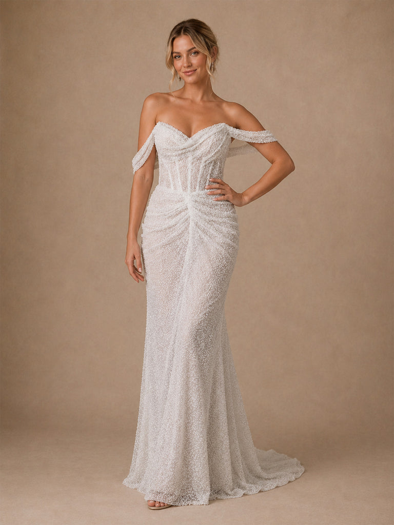 ChicSew Glamorous Mermaid Glittler Tulle Off The Shoulder Boning Ruched Long Wedding Dress