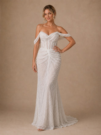 ChicSew Glamorous Mermaid Glittler Tulle Off The Shoulder Boning Ruched Long Wedding Dress