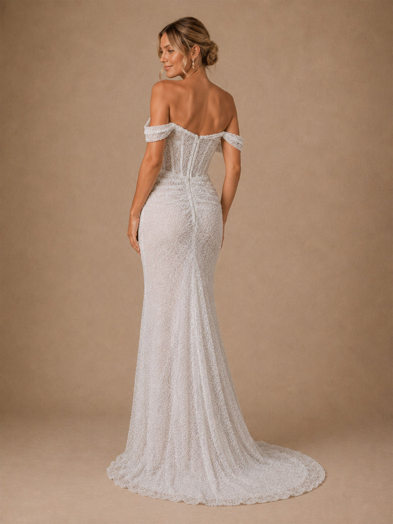ChicSew Glamorous Mermaid Glittler Tulle Off The Shoulder Boning Ruched Long Wedding Dress