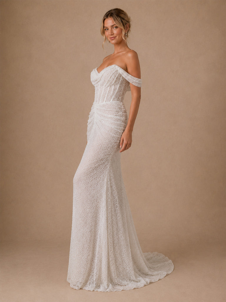 ChicSew Glamorous Mermaid Glittler Tulle Off The Shoulder Boning Ruched Long Wedding Dress
