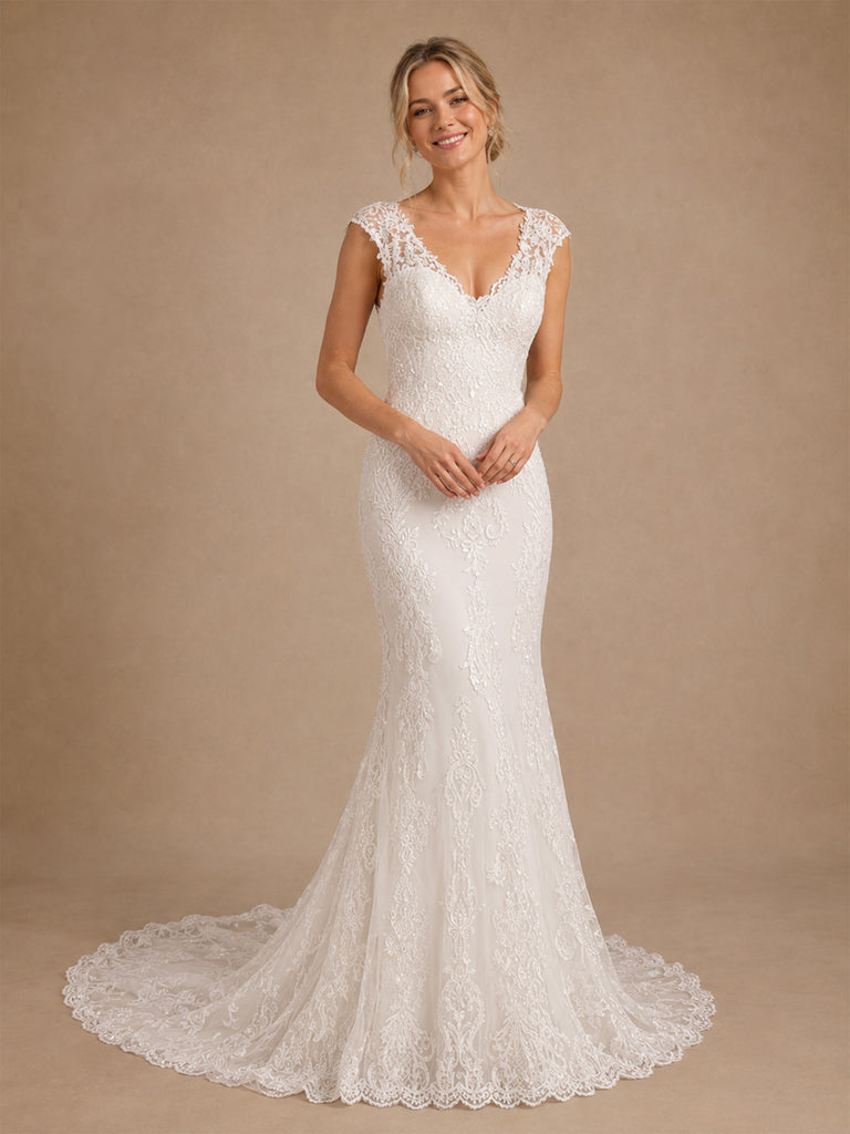 ChicSew Pretty V-Neck Lace Applique Mermaid Floor-Length Wedding Dress Online With Button