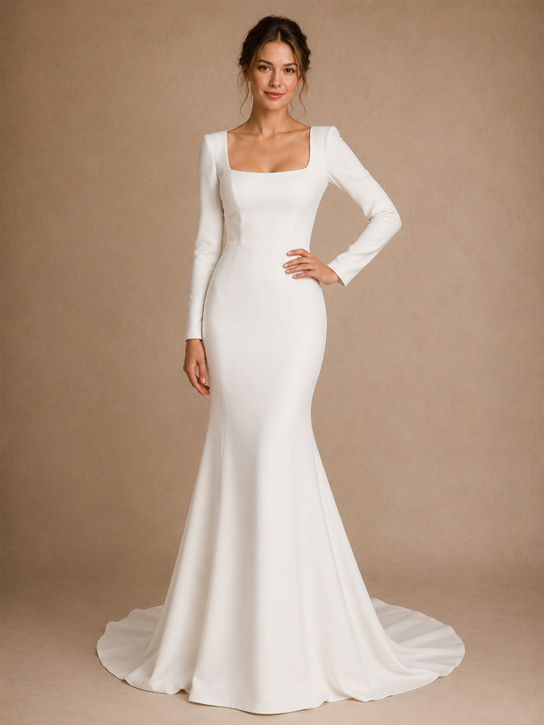 ChicSew Elegant Classy Square Neck Long Sleeves Crepe Mermaid Maxi Wedding Dress With Train