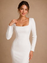 ChicSew Elegant Classy Square Neck Long Sleeves Crepe Mermaid Maxi Wedding Dress With Train