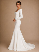 ChicSew Elegant Classy Square Neck Long Sleeves Crepe Mermaid Maxi Wedding Dress With Train