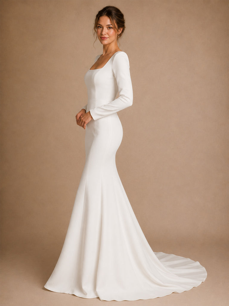 ChicSew Elegant Classy Square Neck Long Sleeves Crepe Mermaid Maxi Wedding Dress With Train