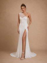 ChicSew Glamorous One Shoulder Mermaid Glittler Tulle Side Slit Maxi Long Wedding Dress