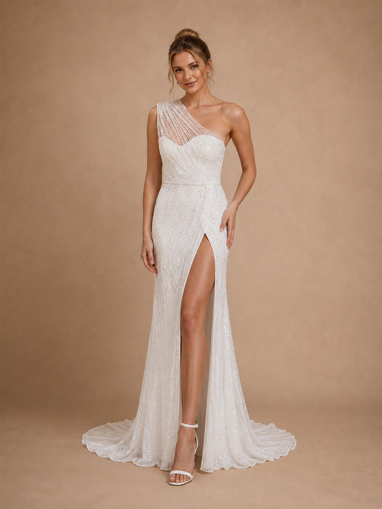 ChicSew Glamorous One Shoulder Mermaid Glittler Tulle Side Slit Maxi Long Wedding Dress