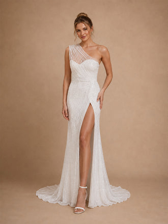 ChicSew Glamorous One Shoulder Mermaid Glittler Tulle Side Slit Maxi Long Wedding Dress