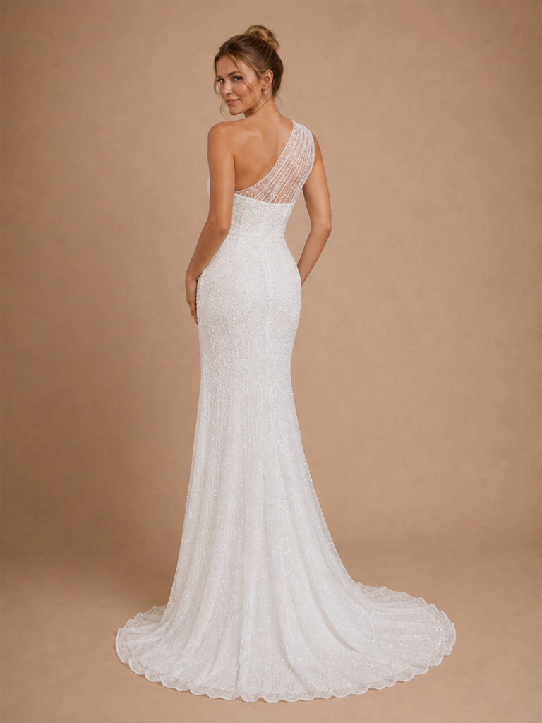 ChicSew Glamorous One Shoulder Mermaid Glittler Tulle Side Slit Maxi Long Wedding Dress