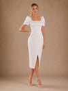 ChicSew Modern Square Neck Short Sleeves Satin Sheath Midi Wedding Dresses With Slit