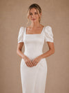 ChicSew Modern Square Neck Short Sleeves Satin Sheath Midi Wedding Dresses With Slit