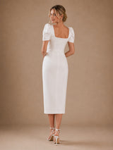 ChicSew Modern Square Neck Short Sleeves Satin Sheath Midi Wedding Dresses With Slit