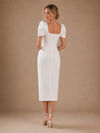 ChicSew Modern Square Neck Short Sleeves Satin Sheath Midi Wedding Dresses With Slit