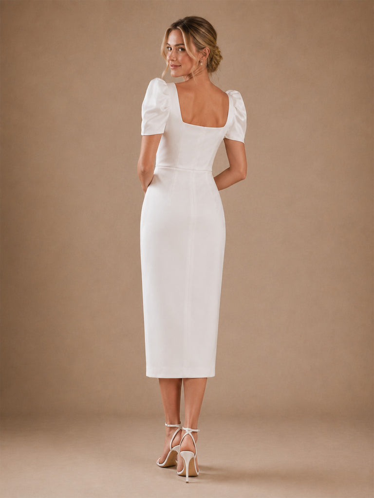 ChicSew Modern Square Neck Short Sleeves Satin Sheath Midi Wedding Dresses With Slit