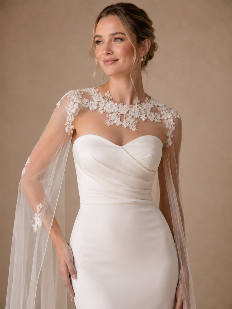 ChicSew Unique Sweetheart Sleeveless Crepe Mermaid Floor-Length Wedding Dress With Tulle Cape