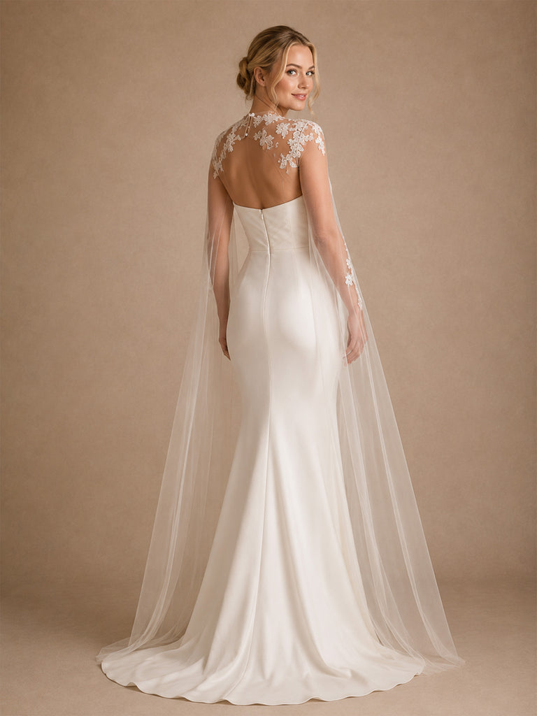 ChicSew Unique Sweetheart Sleeveless Crepe Mermaid Floor-Length Wedding Dress With Tulle Cape