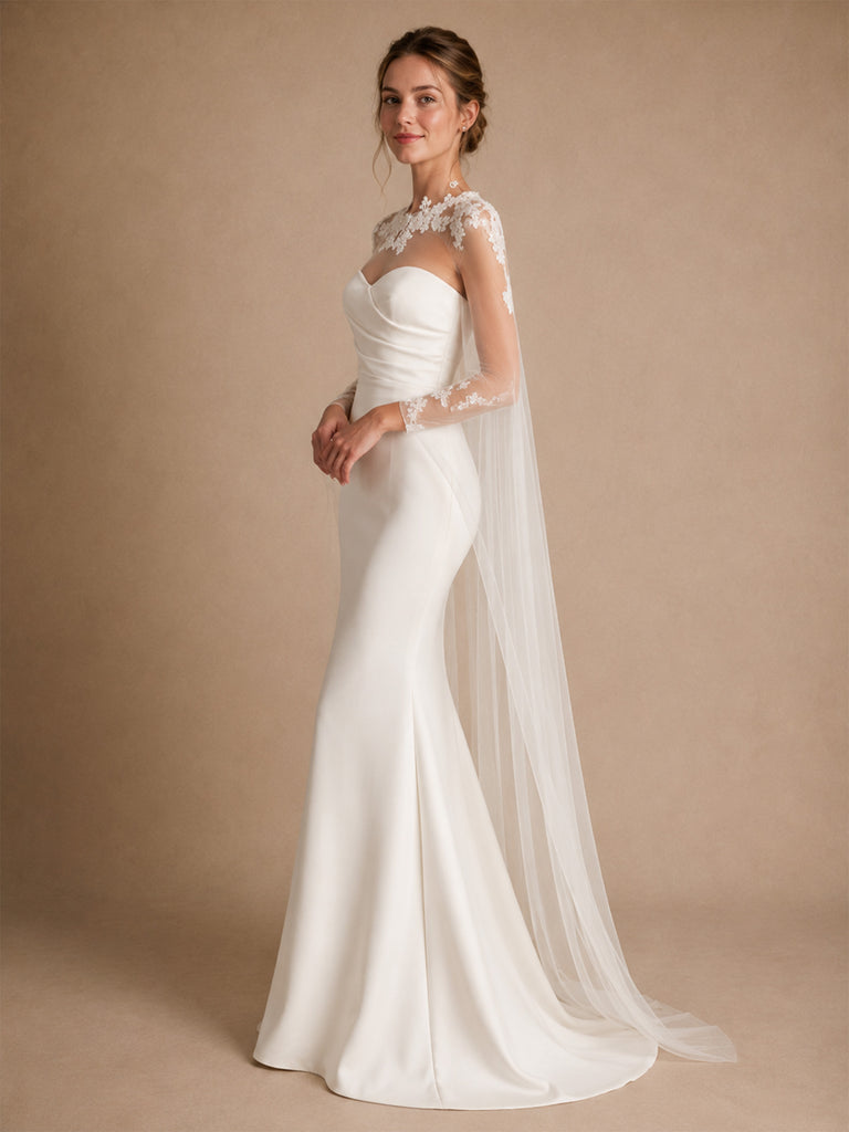 ChicSew Unique Sweetheart Sleeveless Crepe Mermaid Floor-Length Wedding Dress With Tulle Cape