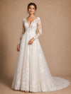 ChicSew Pretty Deep V-Neck Lace Tulle A-Line Long Sleeves Maxi Wedding Dresses