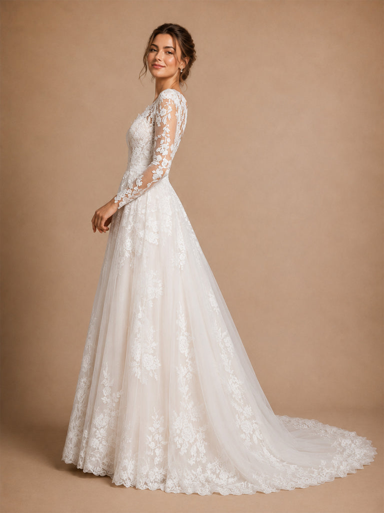 ChicSew Pretty Deep V-Neck Lace Tulle A-Line Long Sleeves Maxi Wedding Dresses