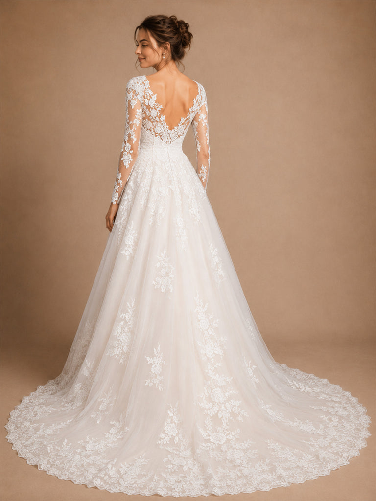 ChicSew Pretty Deep V-Neck Lace Tulle A-Line Long Sleeves Maxi Wedding Dresses