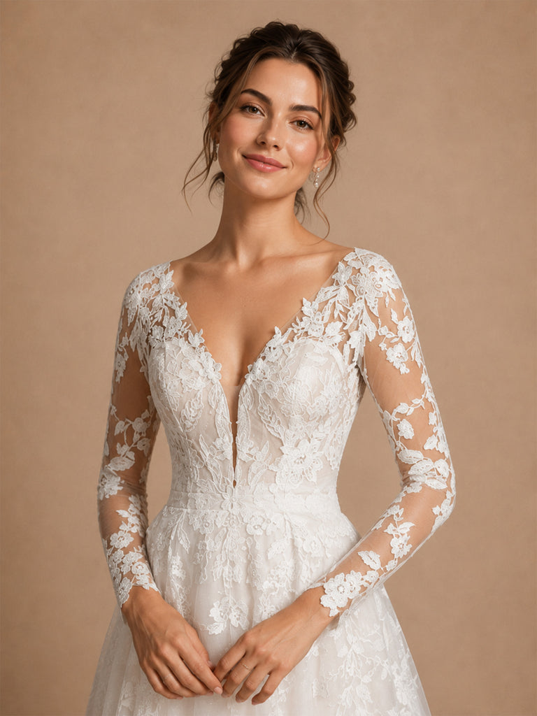 ChicSew Pretty Deep V-Neck Lace Tulle A-Line Long Sleeves Maxi Wedding Dresses