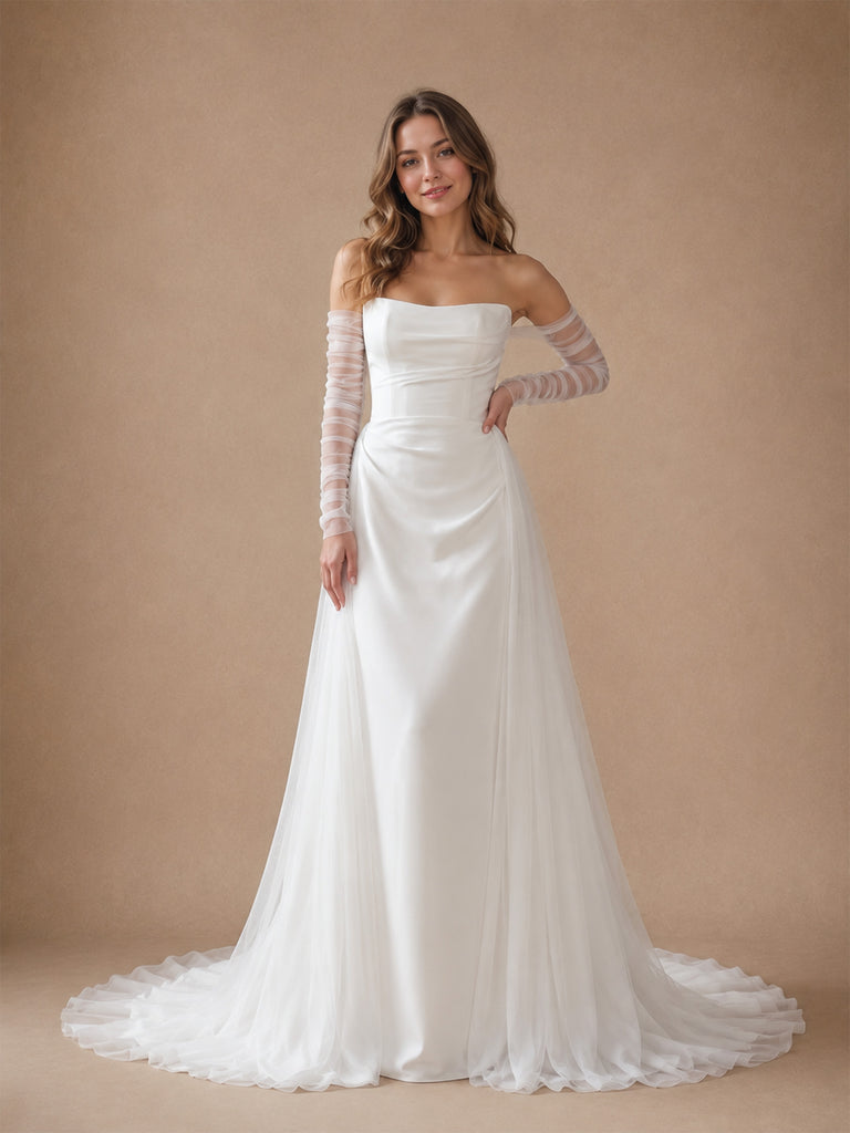 ChicSew Unique Strapless Crepe Mermaid Floor-Length Wedding Dress With Tulle Overskirt