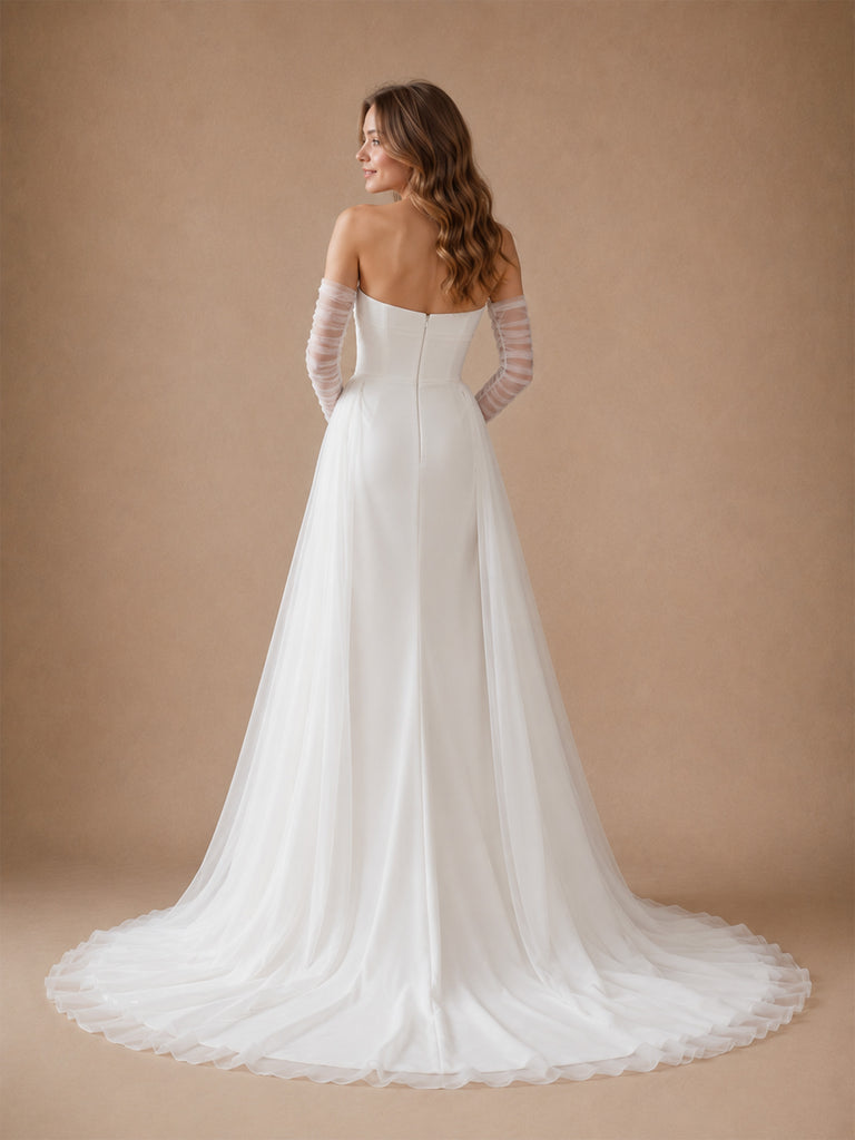 ChicSew Unique Strapless Crepe Mermaid Floor-Length Wedding Dress With Tulle Overskirt