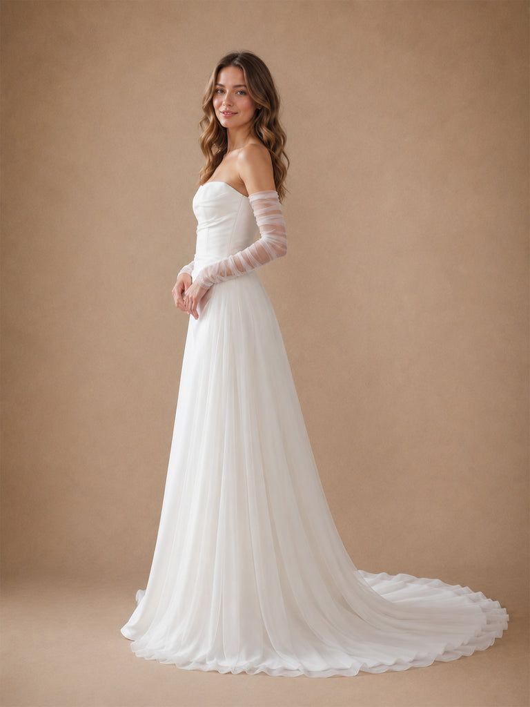 ChicSew Unique Strapless Crepe Mermaid Floor-Length Wedding Dress With Tulle Overskirt