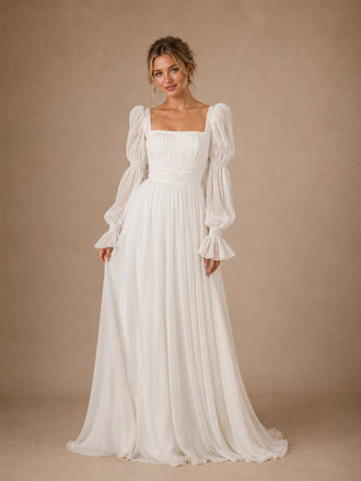 ChicSew Classy Chiffon Square Neck Puff Long Sleeves A-Line Maxi Wedding Dress With Pleats