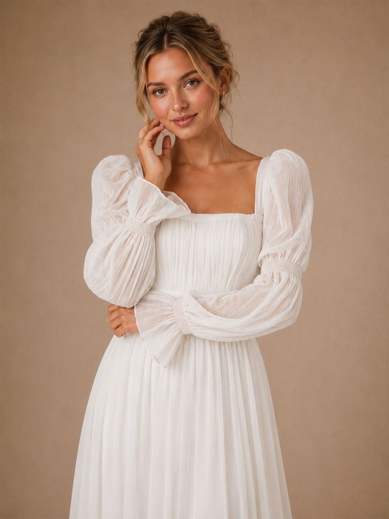 ChicSew Classy Chiffon Square Neck Puff Long Sleeves A-Line Maxi Wedding Dress With Pleats