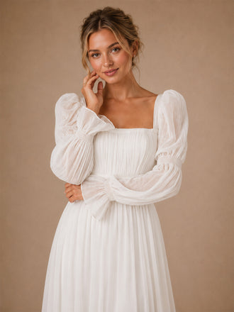 ChicSew Classy Chiffon Square Neck Puff Long Sleeves A-Line Maxi Wedding Dress With Pleats