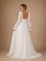 ChicSew Classy Chiffon Square Neck Puff Long Sleeves A-Line Maxi Wedding Dress With Pleats